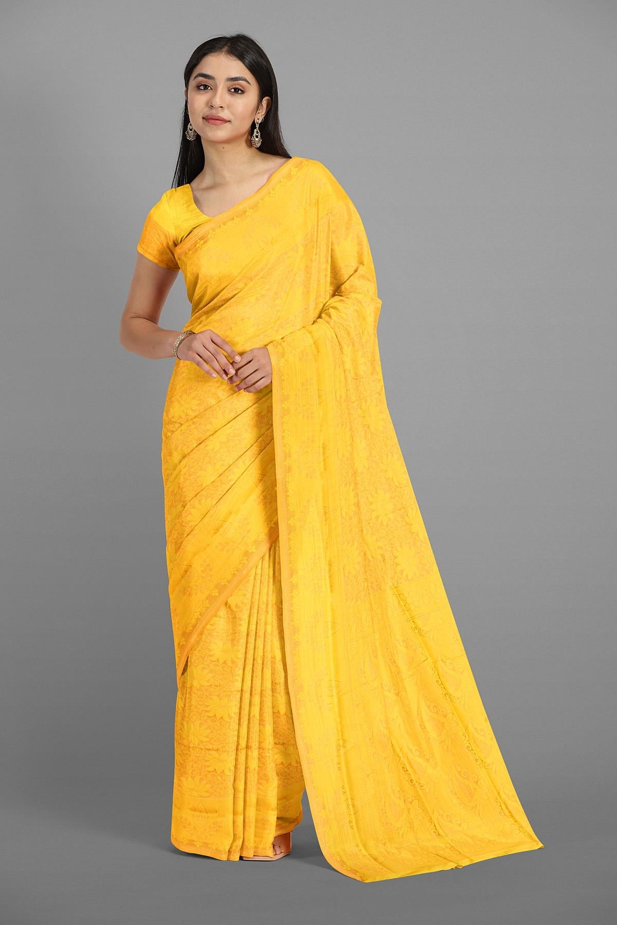 MUSTARD and GOLD BUTTIS SILK BLEND Saree with SEMI PATTU
