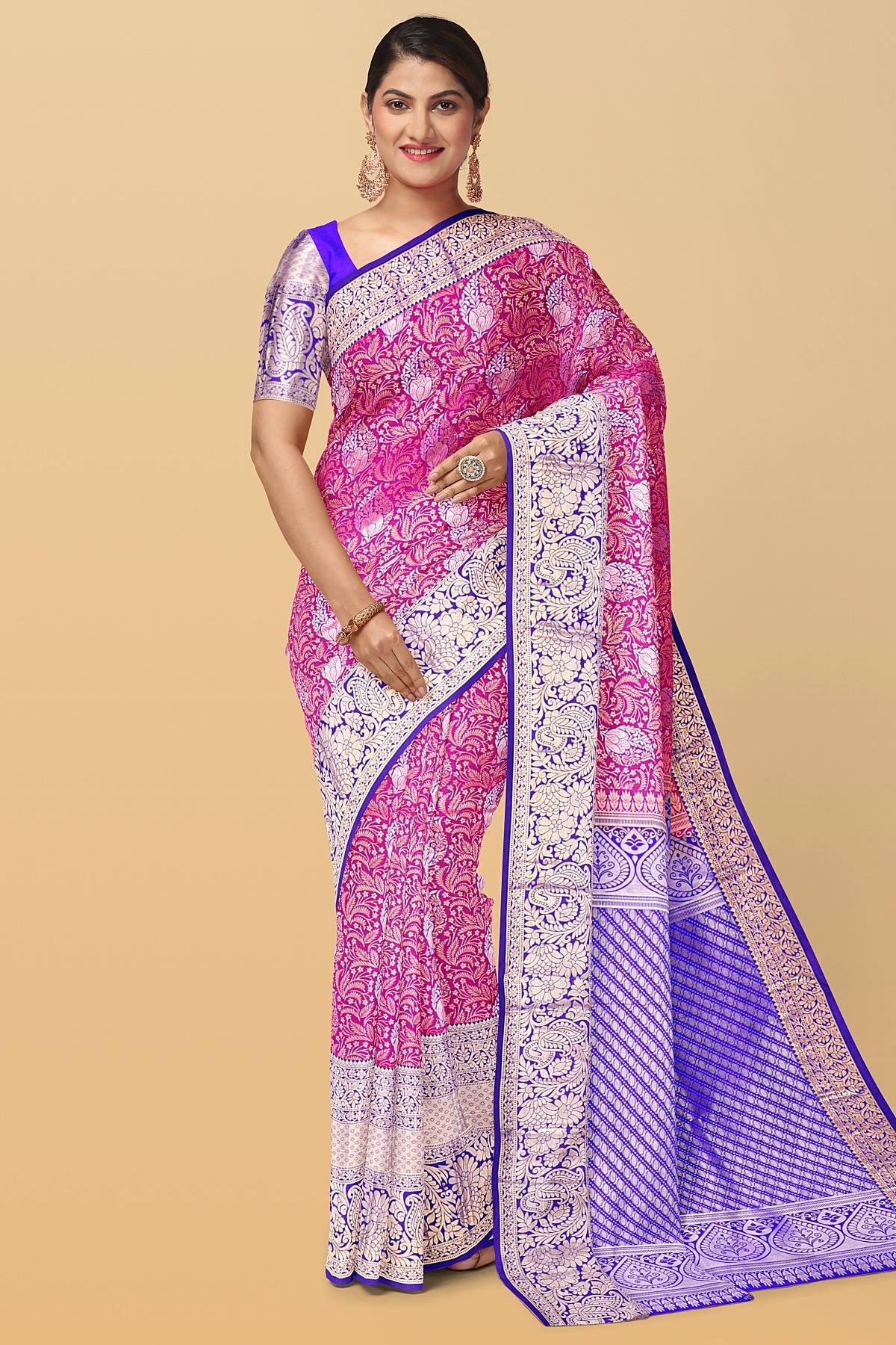 PURPLE and ROYAL BLUE FLORAL JAAL SILK BLEND Saree with SEMI PATTU