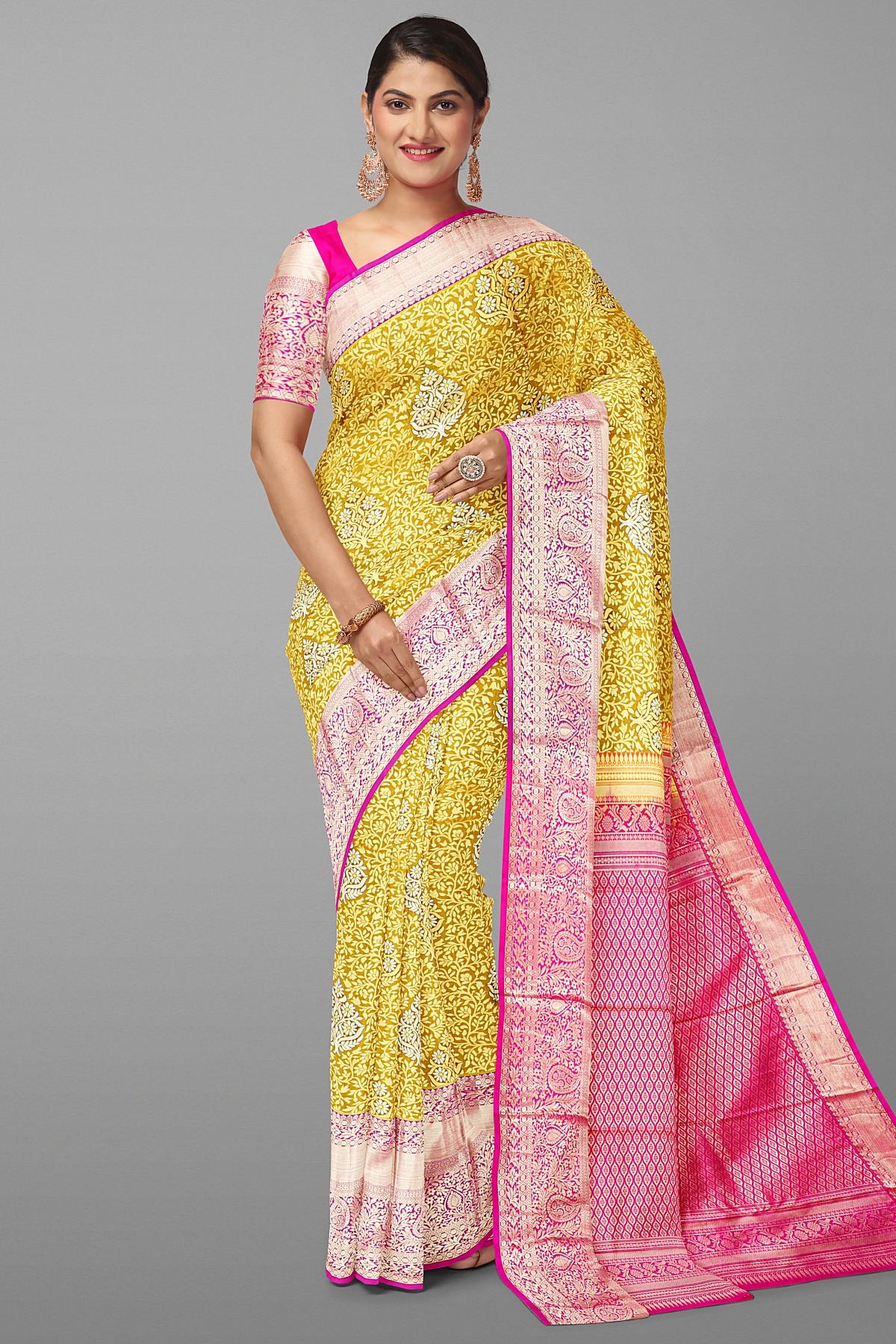 LIGHT GREEN and PINK FLORAL JAAL SILK BLEND Saree with SEMI PATTU