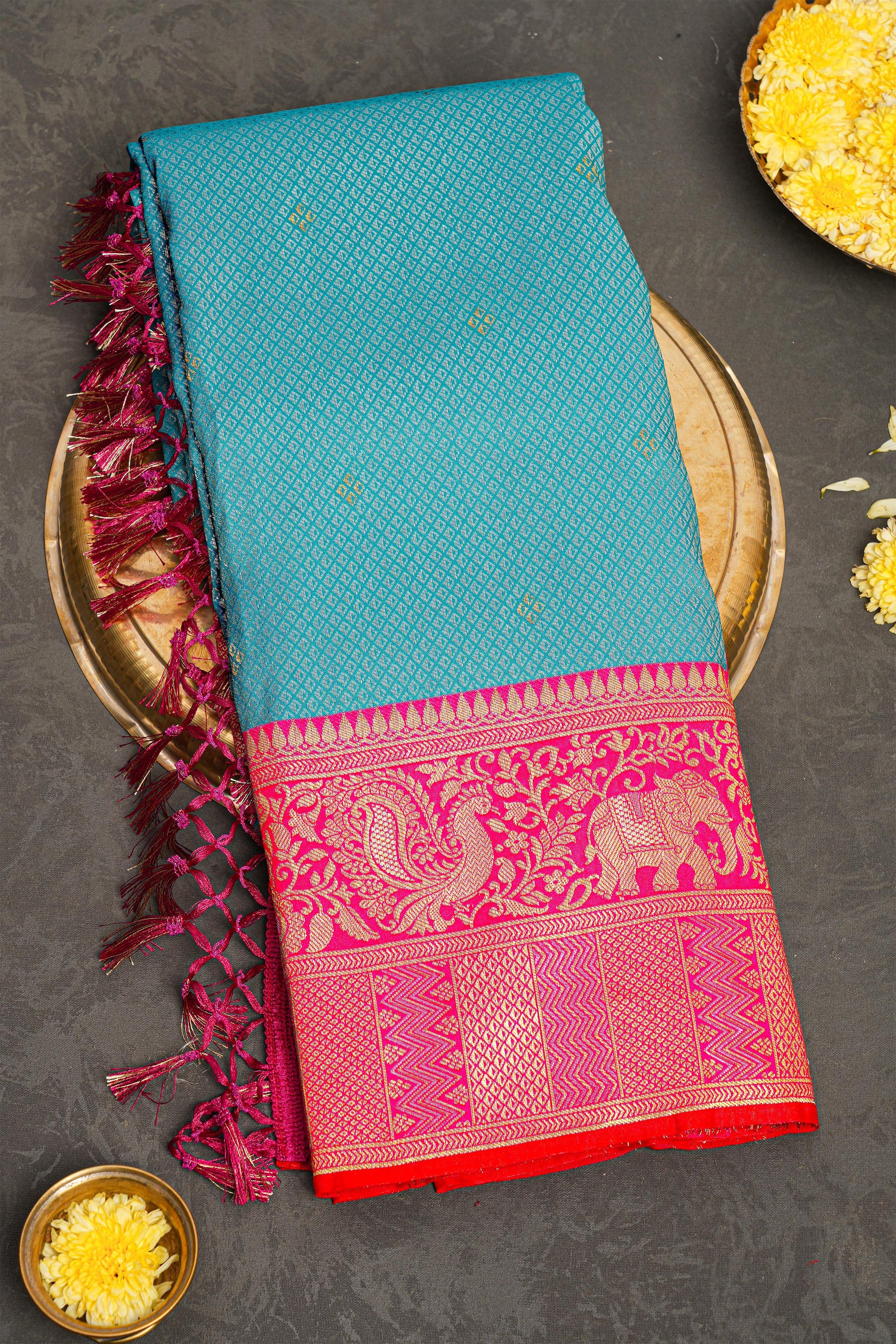 BLUE and DARK PINK BROCADE SILK Saree with BANARASI FANCY