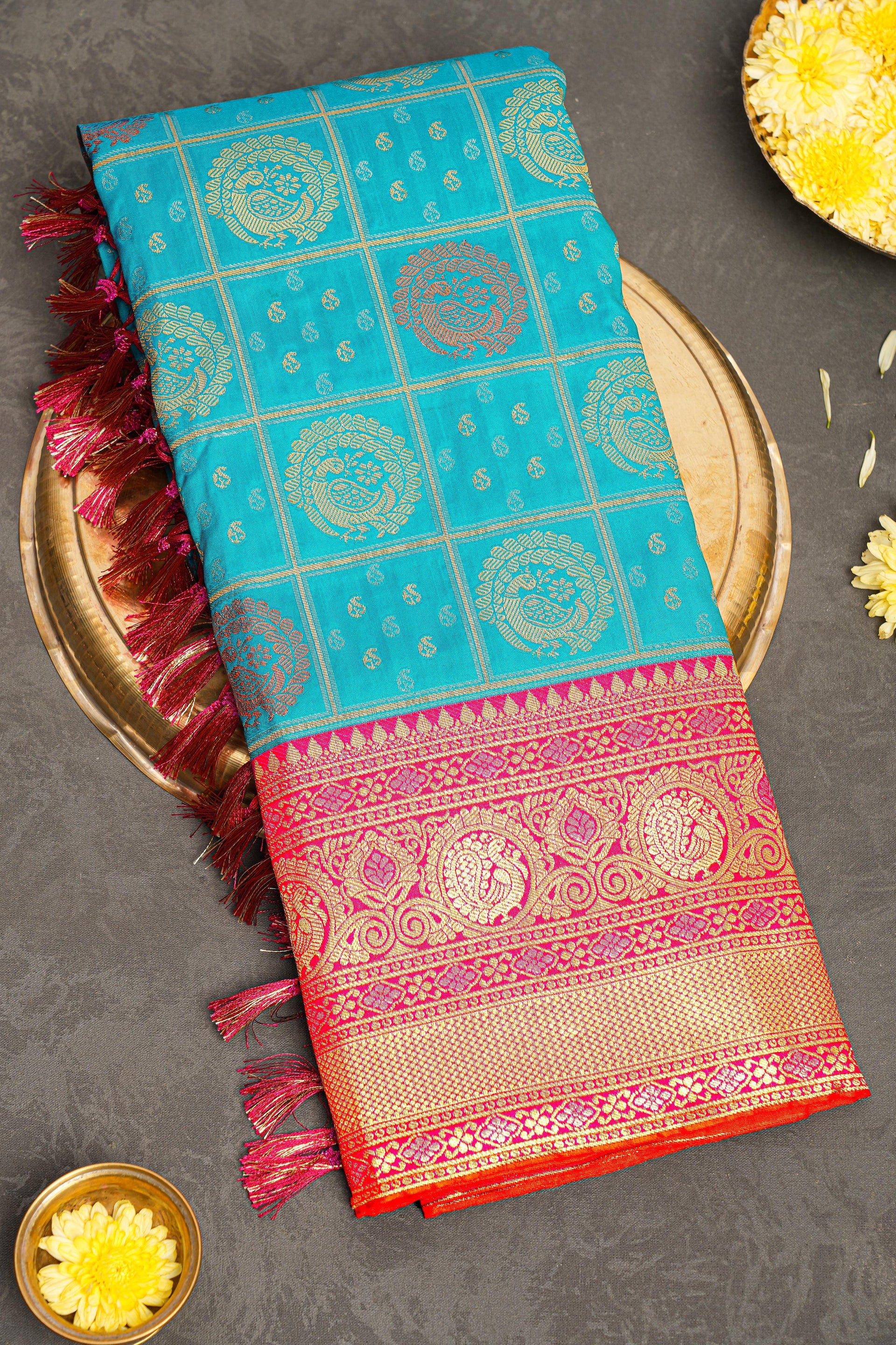 BLUE and DARK PINK CHECKS AND BUTTIS SILK Saree with BANARASI FANCY