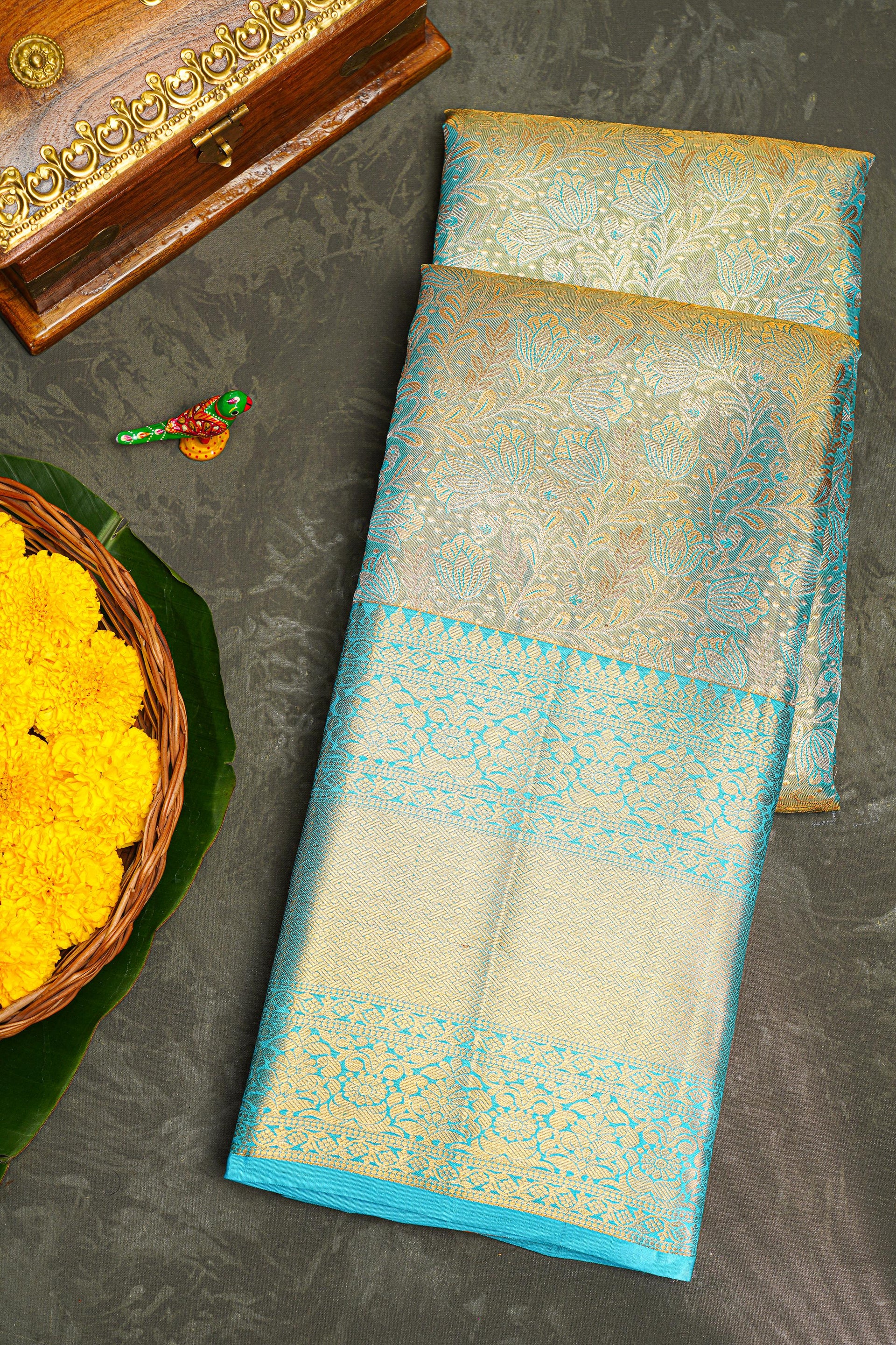 SEA BLUE and GOLD FLORAL JAAL SILK Saree with KANCHIPURAM