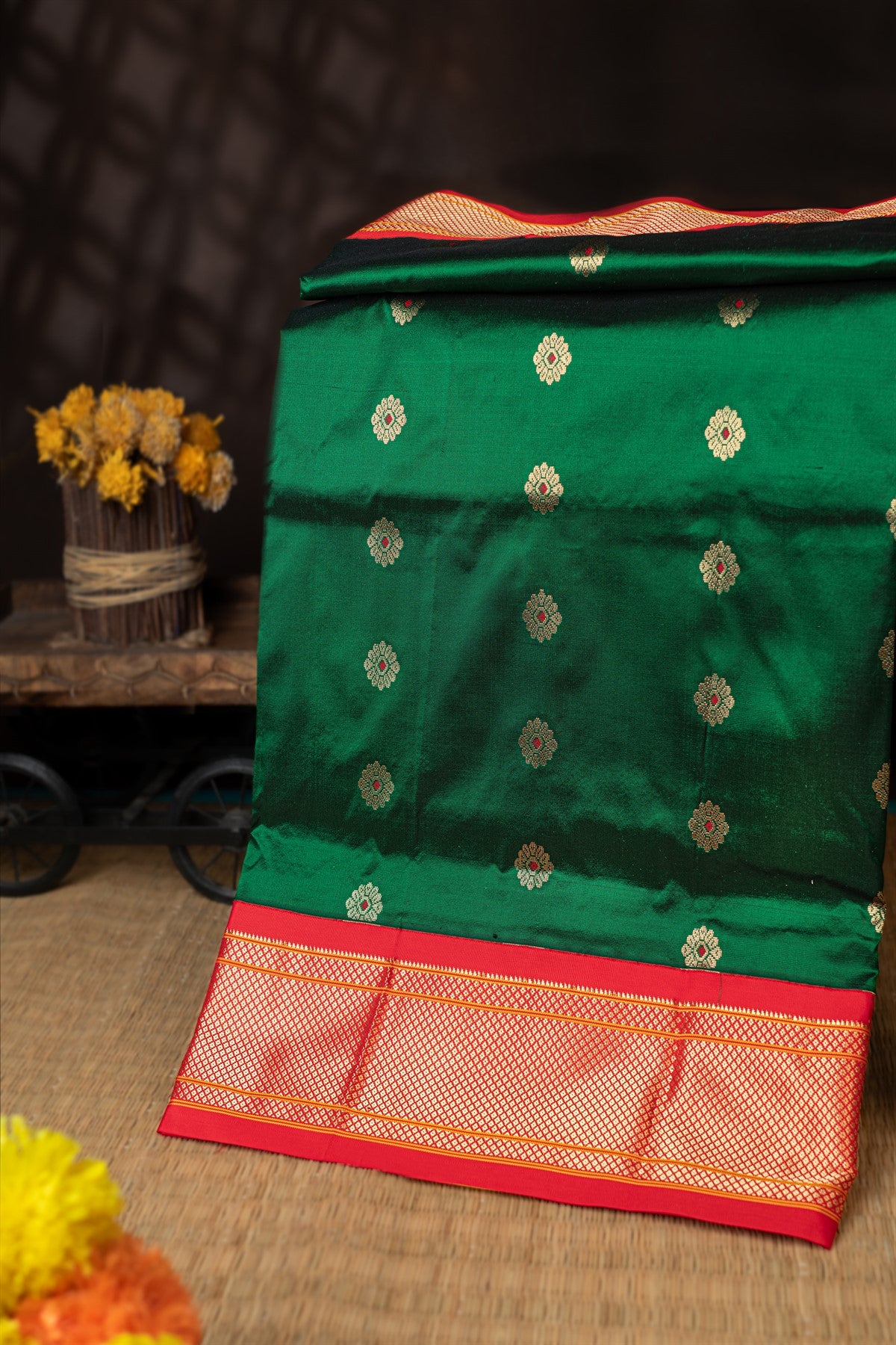 Paithani Silk Buttis Dark Green Saree