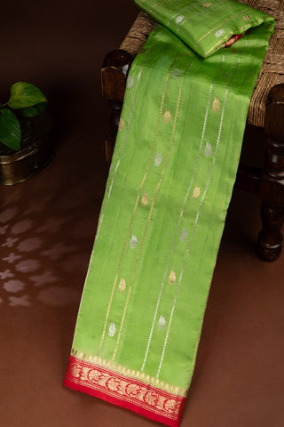 Matka Silk Florals Parrot Green Saree