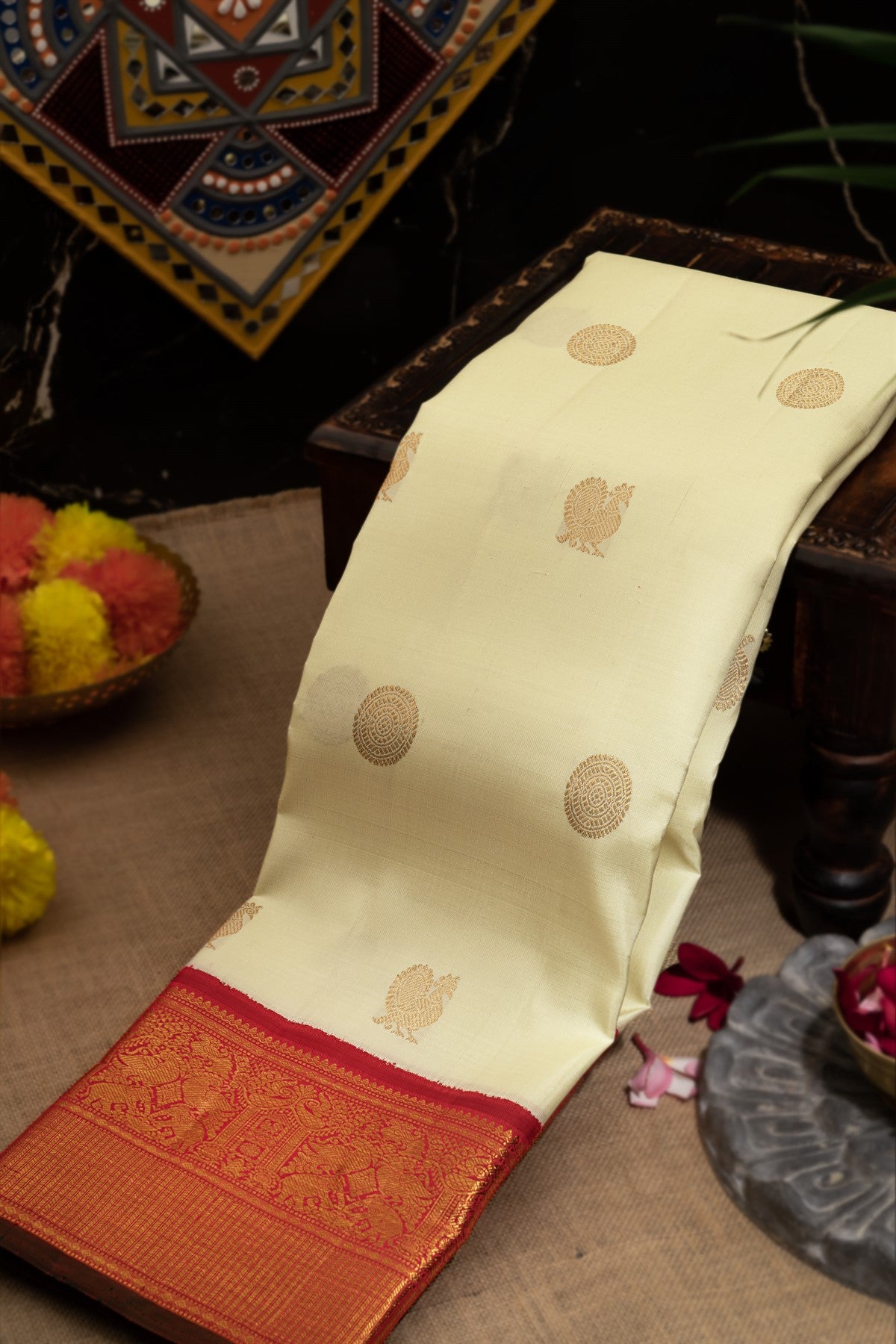 Kancheepuram Silk Buttis Off White Saree