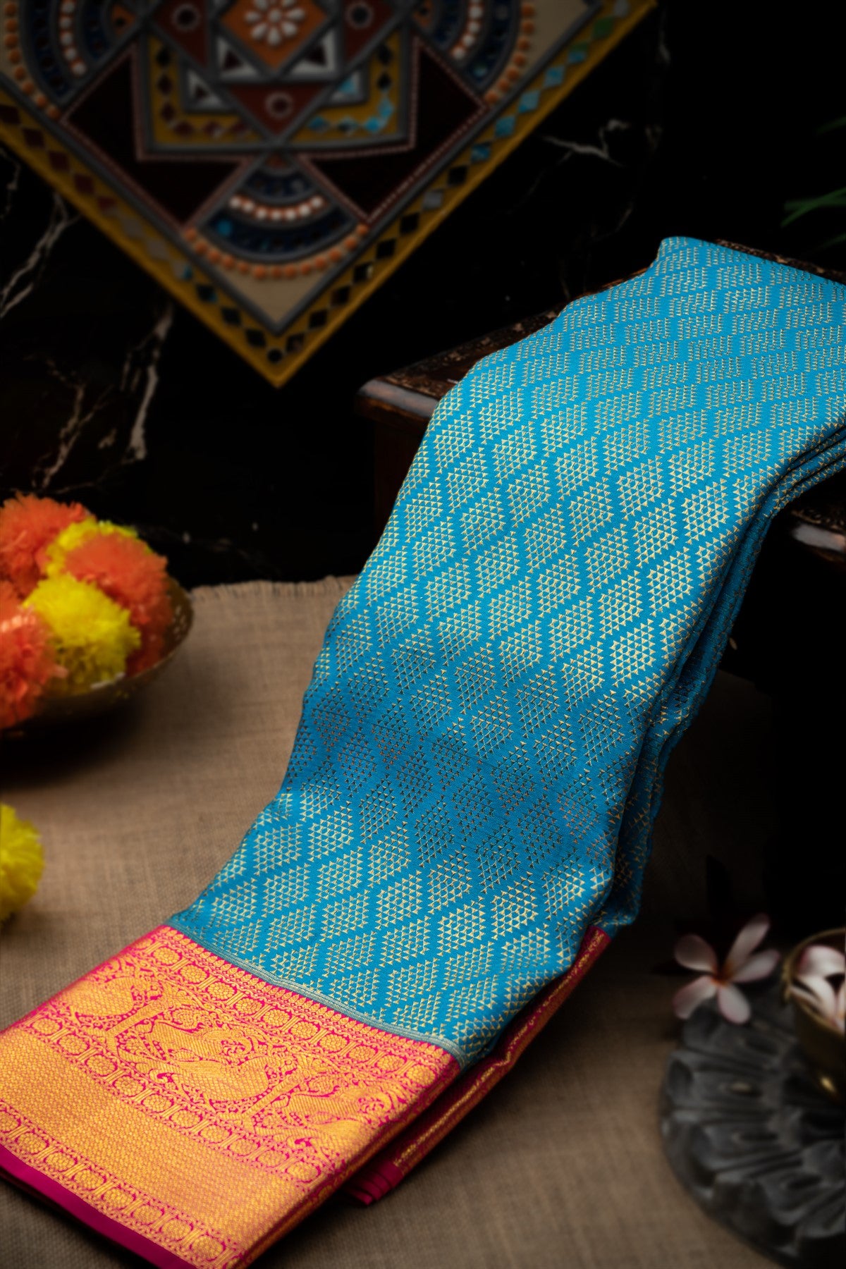 Kancheepuram Silk Geometric Designs Blue Saree