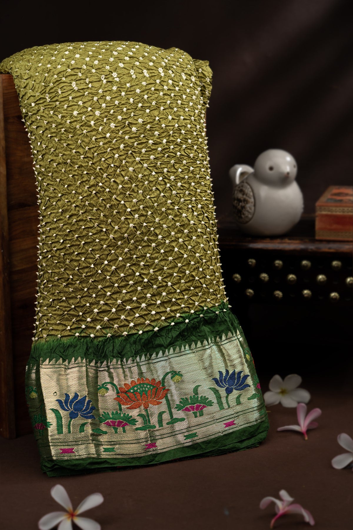 Banarasi Silk Bandhani Olive Green Saree