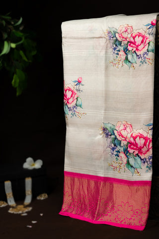 Designer Silk Off-White Digital Printed Saree