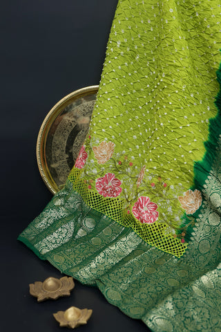 Bandhani Silk Olive Green Saree