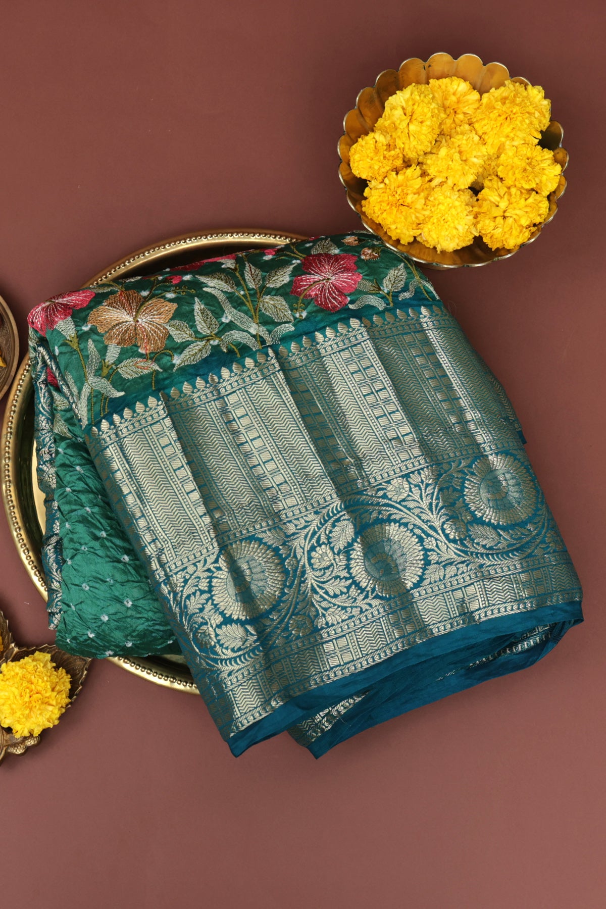 Bandhani Silk Peacock Green Saree