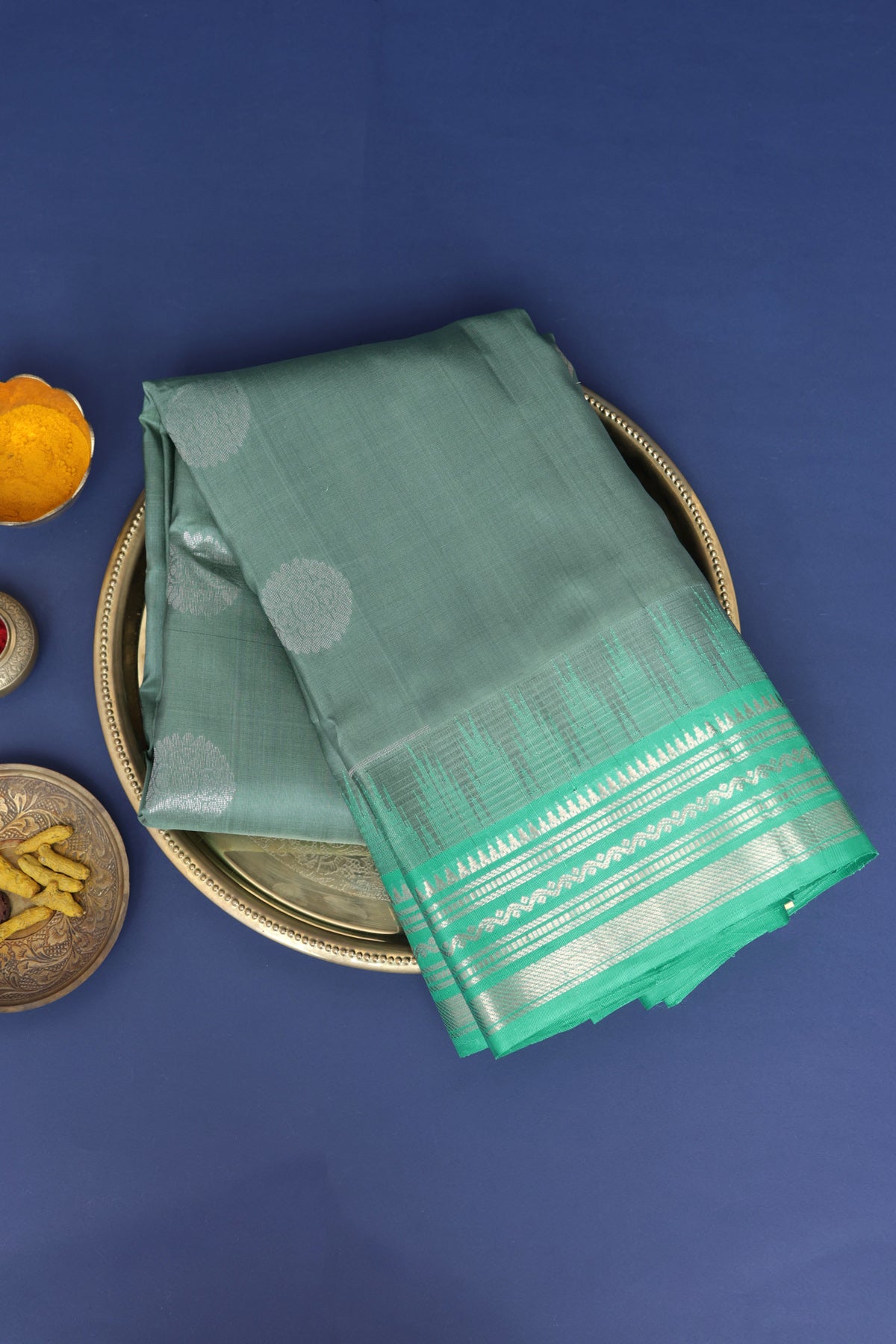 Kuppadam Silk Teal Grey Saree