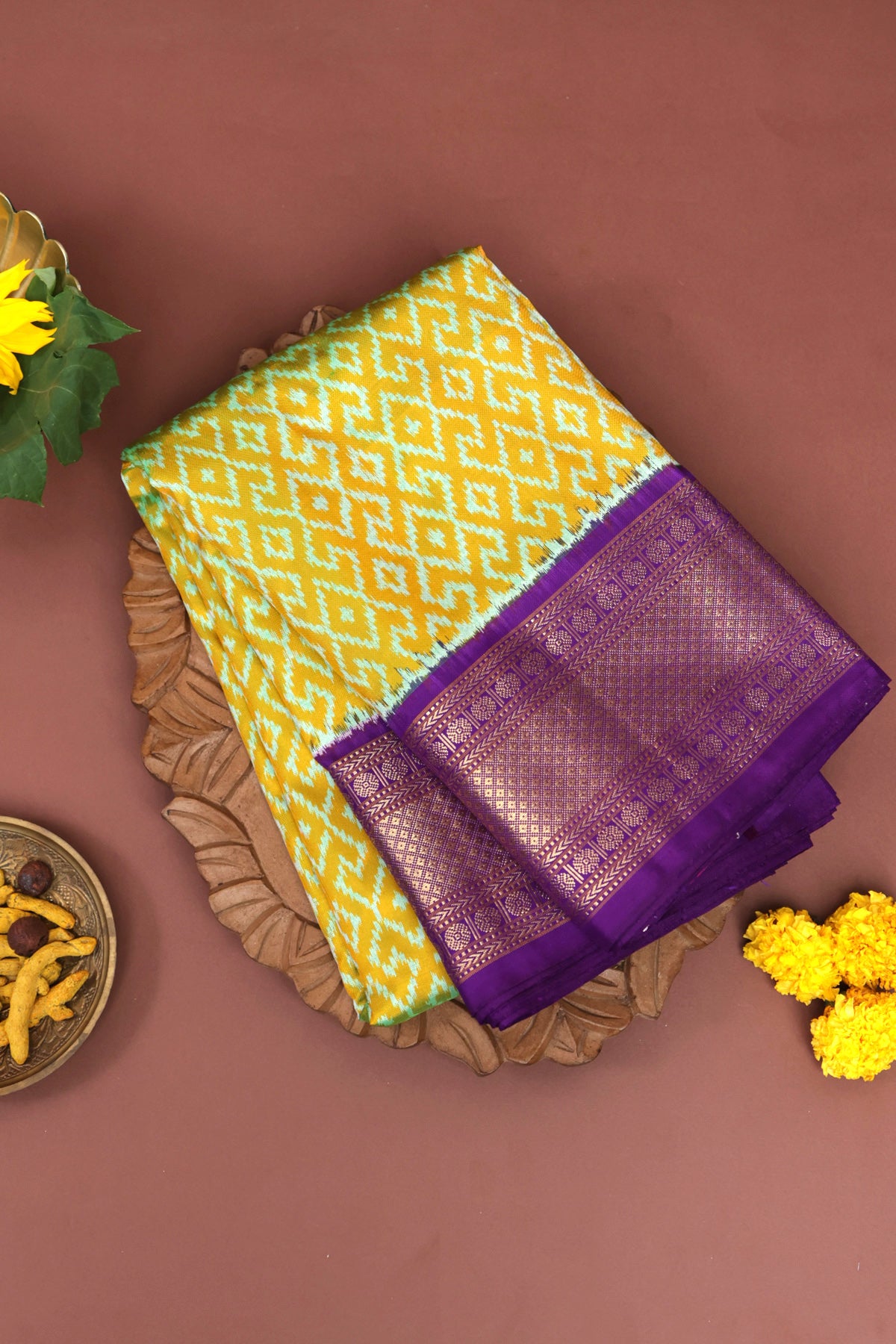 Ikat Silk Mustard Saree