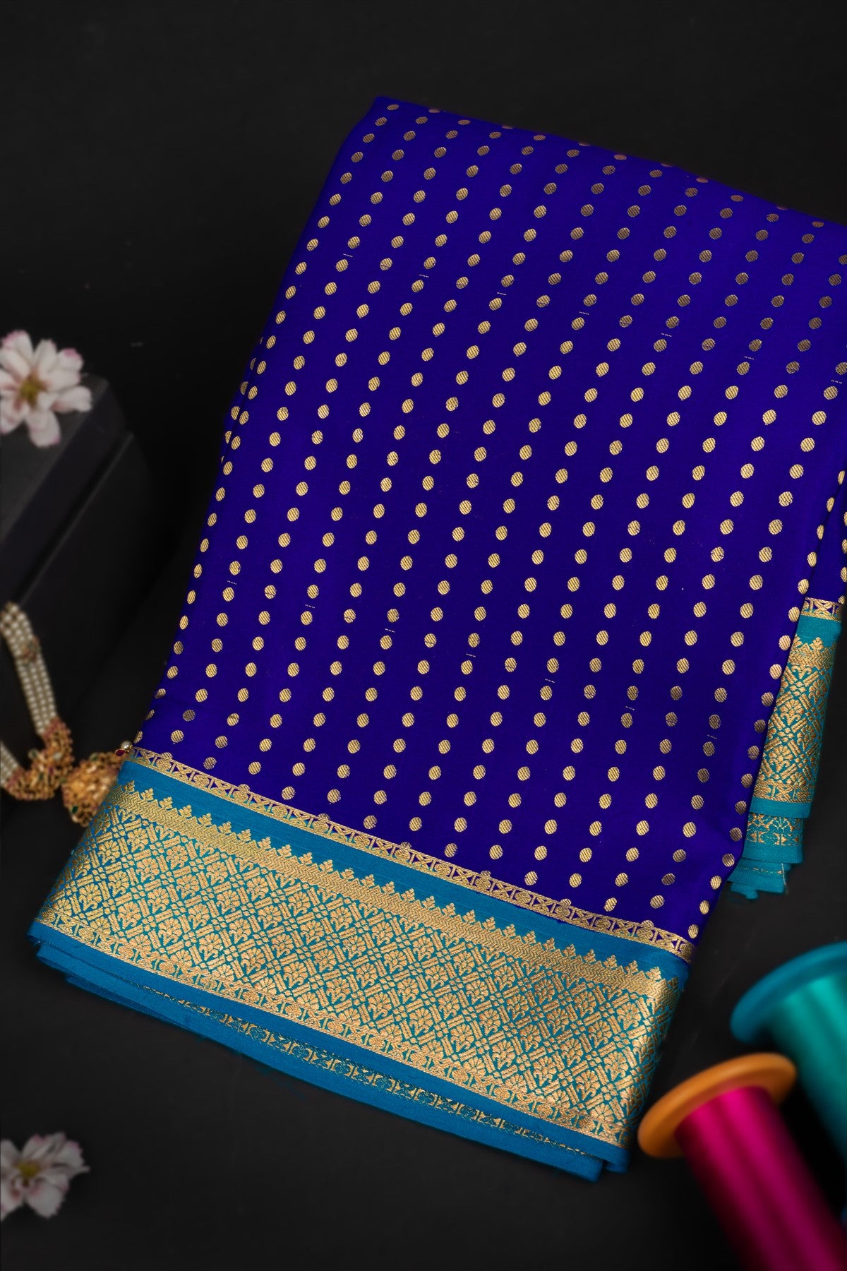 Mysore Crepe Polka Dots Royal Blue Saree