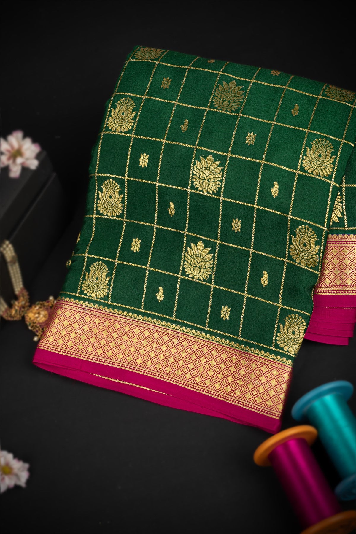 Mysore Crepe Checks Dark Green Saree