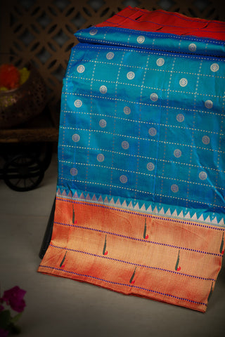 Paithani Silk Checks And Buttis Peacock Blue Saree