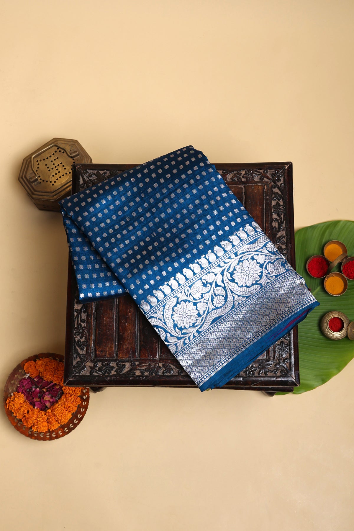 Designer Matka Silk Teal Blue Saree