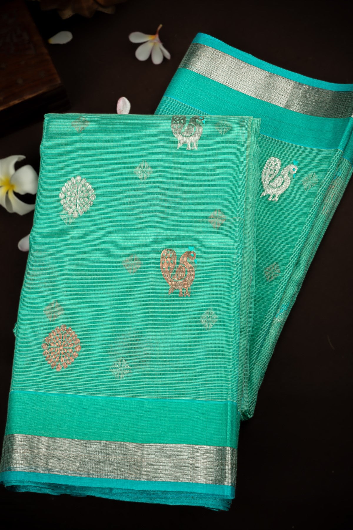 Zari Kota Cotton Peacock Buttis Aqua Green Saree