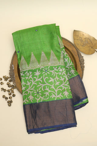 Designer Tussar Parrot Green Saree