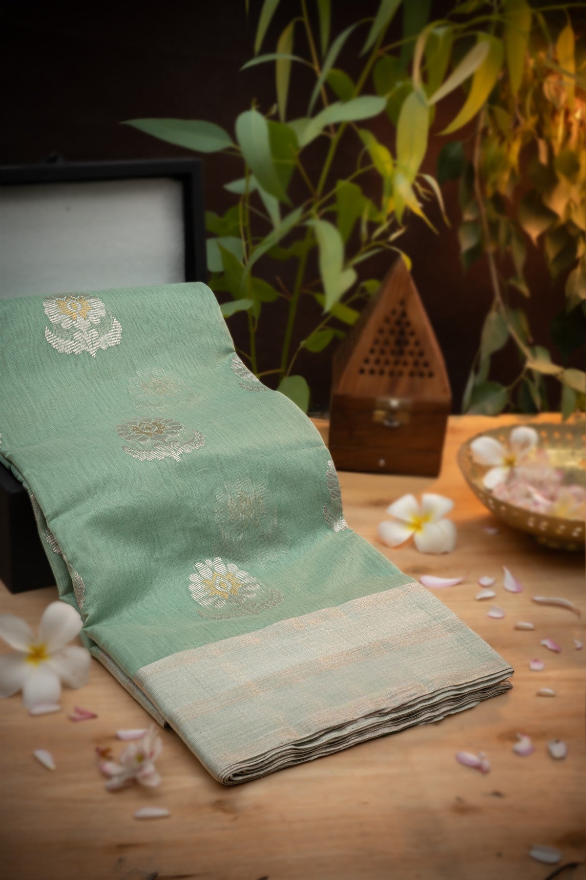 Chanderi Sico Motifs Pista Green Saree