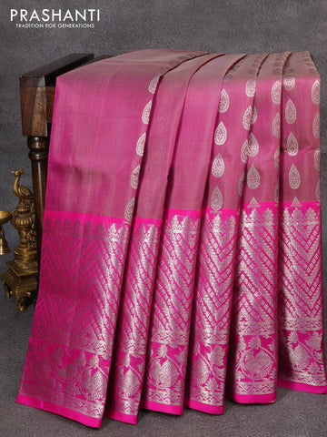 Venkatagiri silk saree dual shade of magenta pink shade and pink with allover silver zari woven butta weaves and long rich silver zari woven border