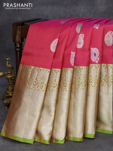 Venkatagiri silk saree dual shade of pink and parrot green with silver zari woven paisley & leaf buttas and long rich silver zari woven border