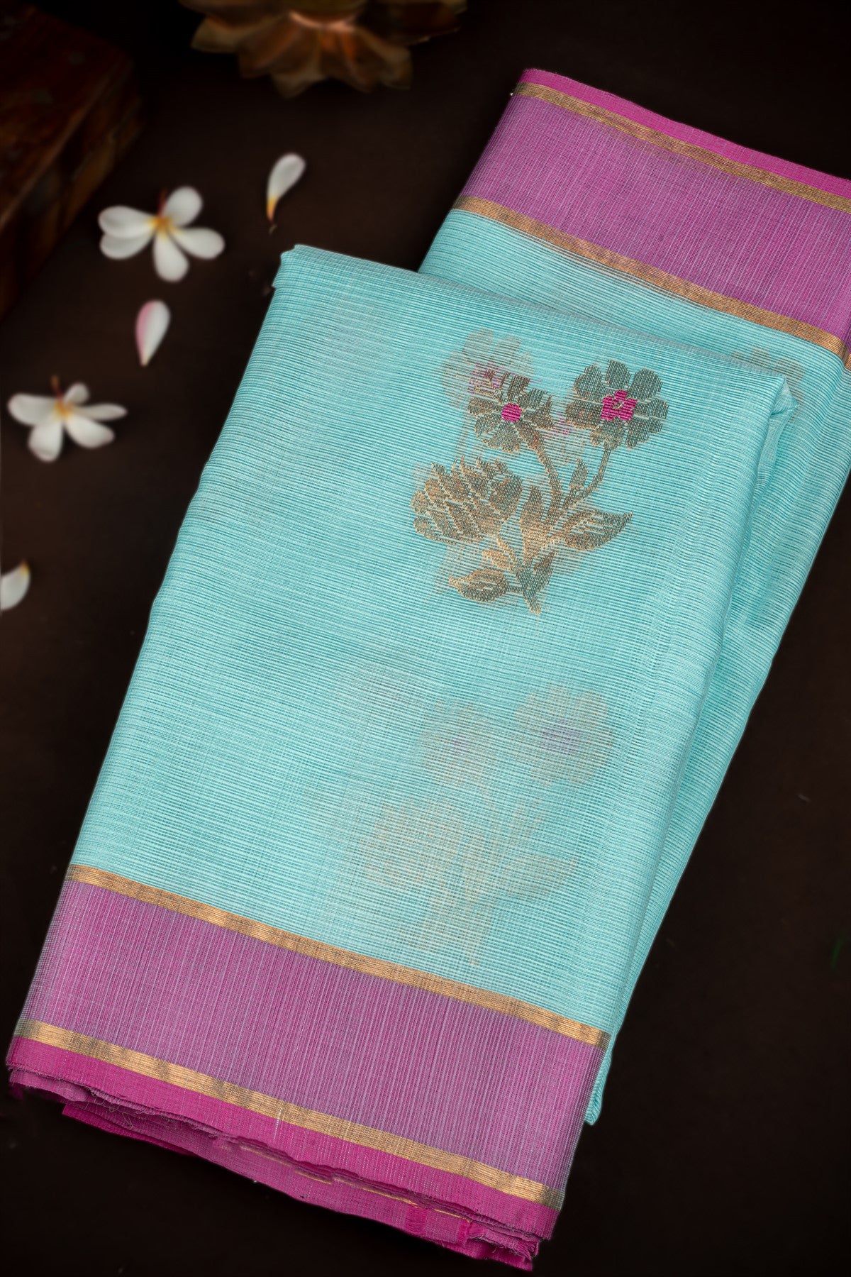 Varamahalakshmi Sky Blue & Pink Zari Kota Motifs Saree