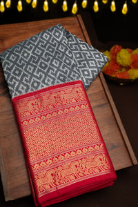 Mandir Grey & Red Kanchi Ikat Ikat Saree