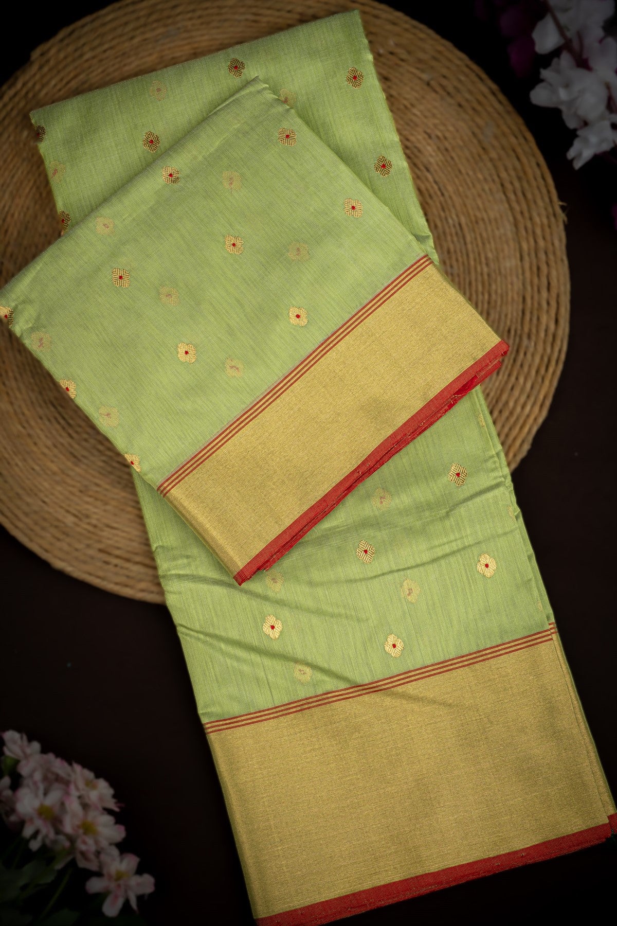 Mandir Pale Lime Yellow & Maroon Chanderi Buttis Saree