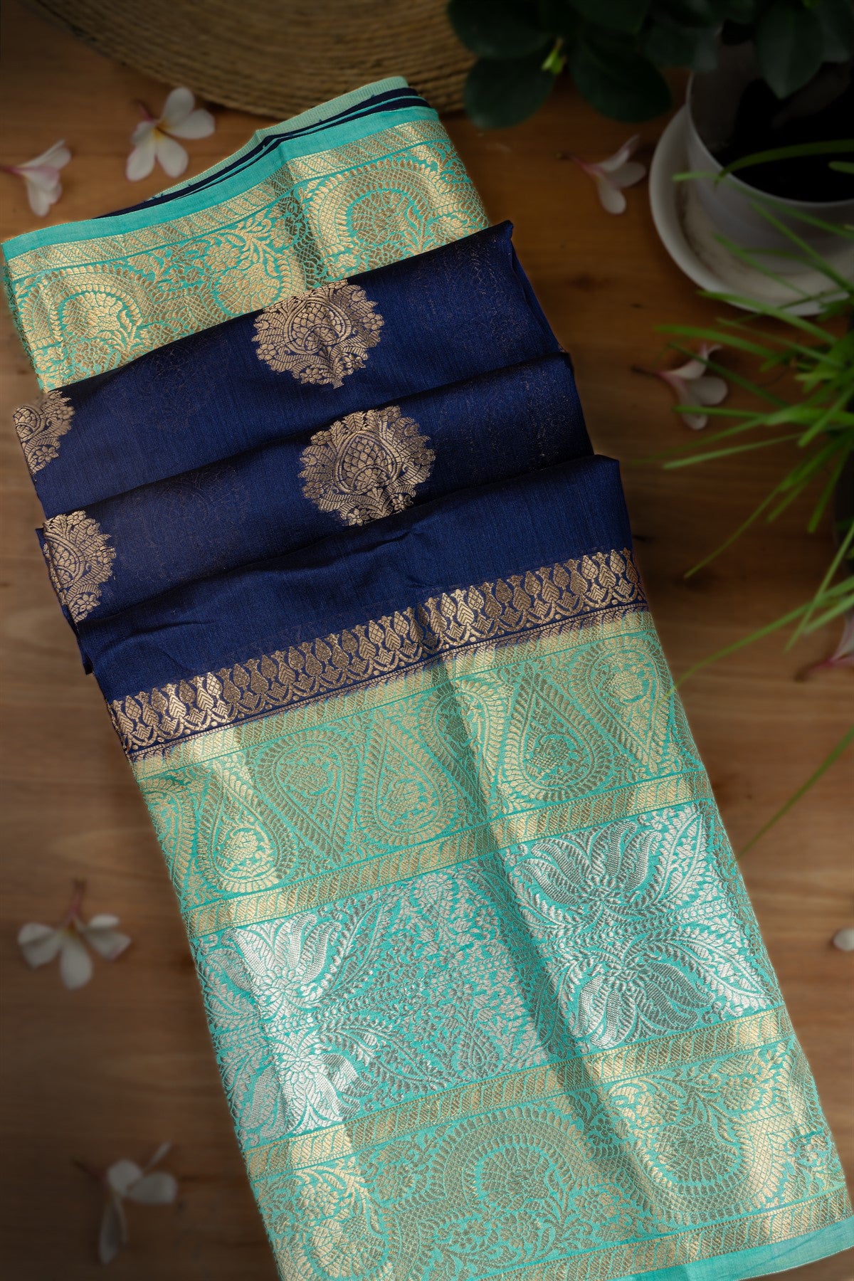 Mandir Navy Blue & Sea Blue Fancy Motifs Saree