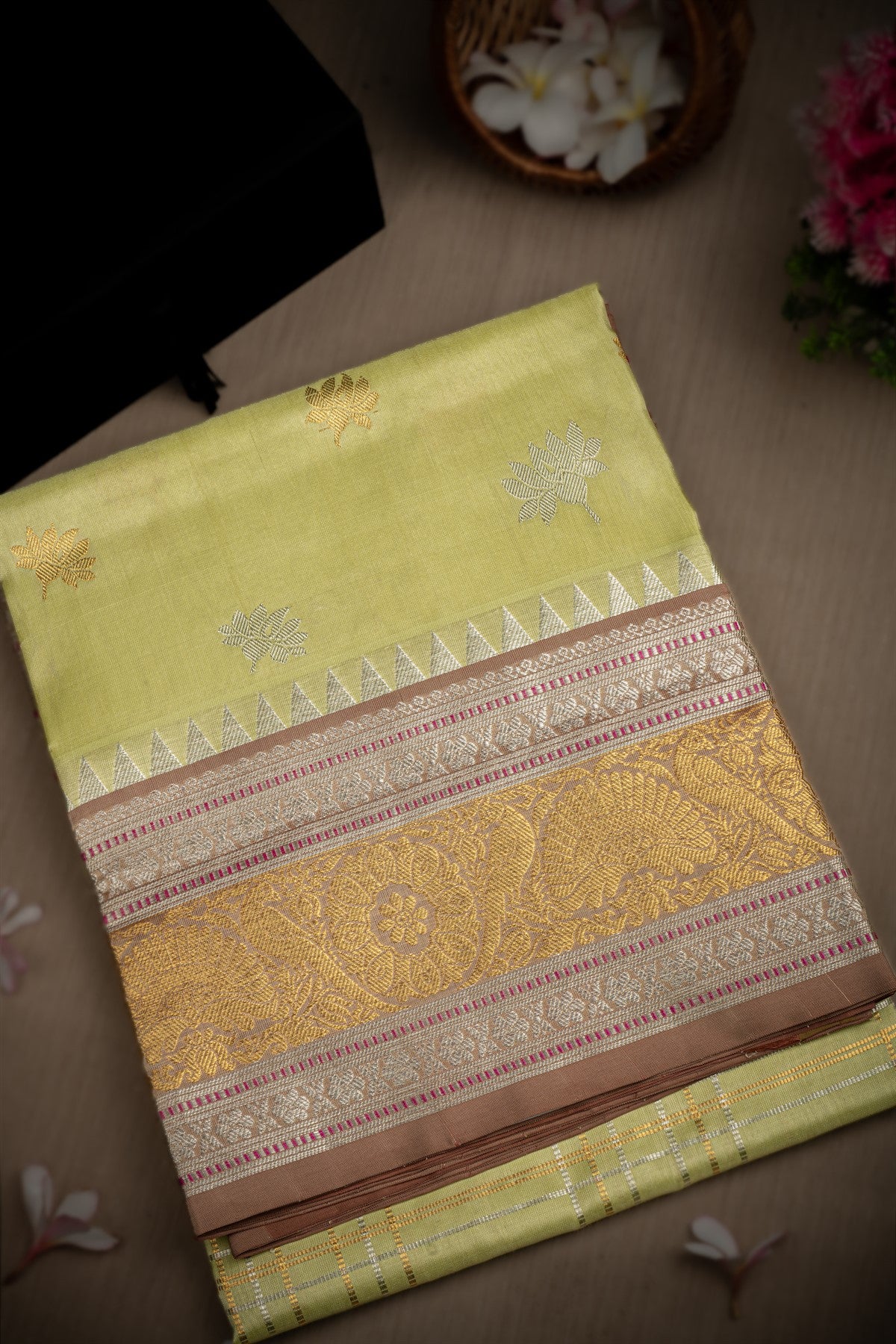 Mandir Lime Yellow & Light Brown Venkatagiri Checks And Buttis Saree